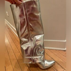 Silver fold-over pointed toe heels